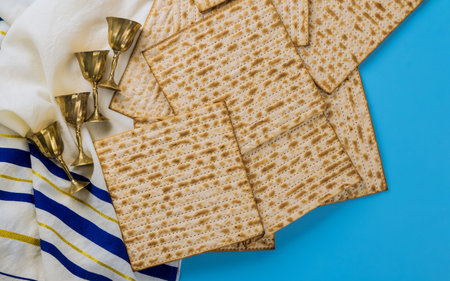 Passover holiday traditional celebration with wine kosher matzah unleavened bread on of Jewish Pesachの写真素材
