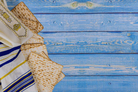 Passover holiday traditional celebration with kosher matzah unleavened bread of Jewish Pesach