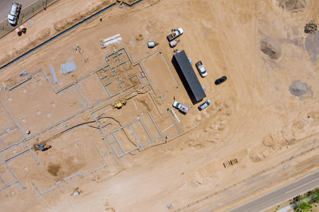 View of a large construction site where earthmoving equipment the ground to laying underground lay...