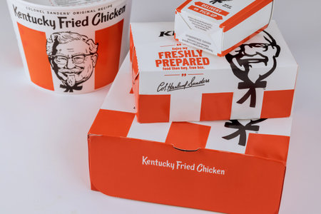 KFC famous fast food restaurant chain is a Kentucky Fried Chicken on set food boxのeditorial素材