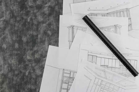 Interior designer sketch of a kitchen in a process of drawing interior design projectsの写真素材