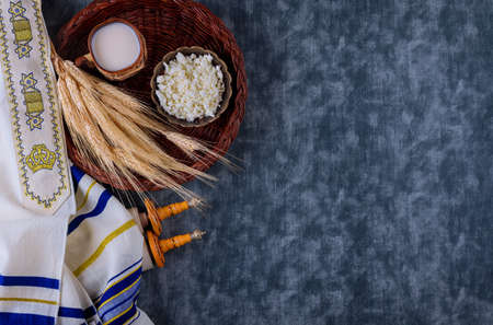 Fresh dairy products milk, cottage cheese wheat, shavuot kosher food