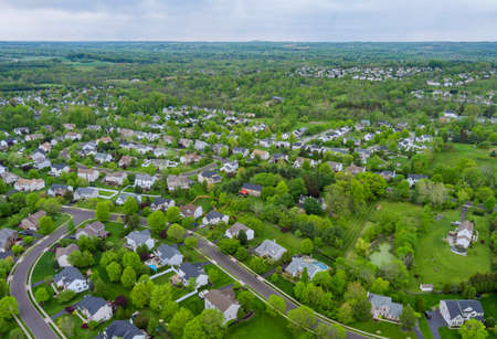Wide panorama, aerial view with tall buildings, in the beautiful residential quarters and green streets NJ USAの写真素材