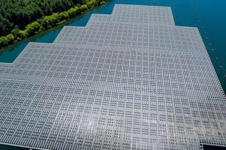Ecological energy of solar power station float on water pond, in the electric renewable powerの写真素材