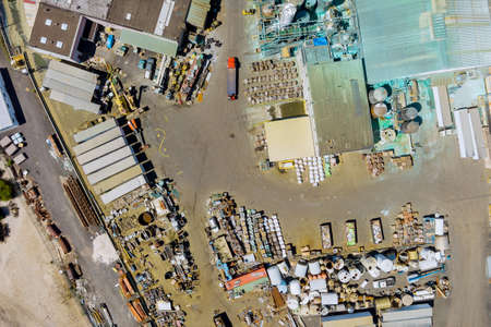 Aerial top view system chemical industry with of detail of a heavy tanks for chemical mixing Industrial plantの写真素材