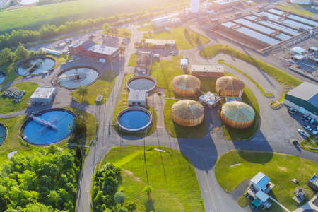 Modern urban wastewater treatment plant water purification is the process of removing undesirable chemicals of panoramic aerial viewの写真素材