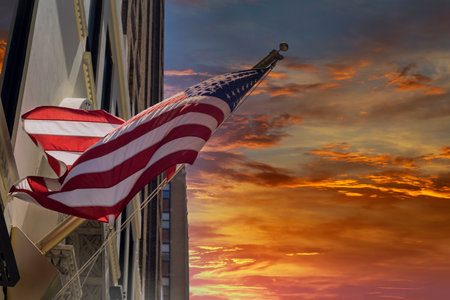 American flag street sign in New York City with during sunsetの写真素材