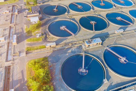 Aerial panoramic view of modern urban wastewater treatment plant water purification is the process...