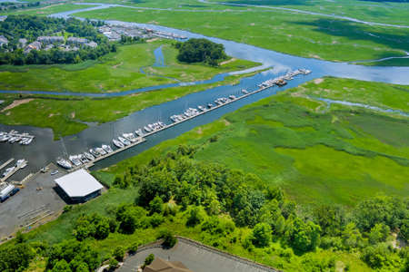 Aerial panoramic view harbor doc for many boat on floating near the ocean in USA