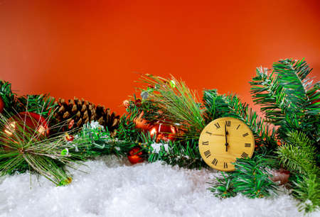 Merry New Year Happy Holidays winter decorative clock fir tree with snow