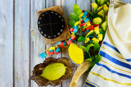 Jewish holiday the decorations for Sukkot on fresh citron, etrog