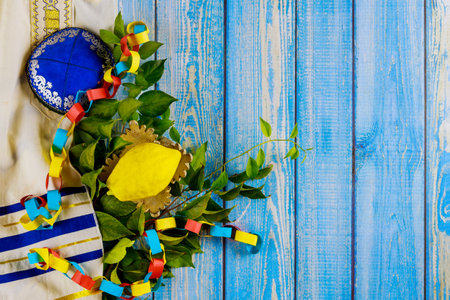 Jewish festival Sukkot in etrog yellow citron of traditional symbols religionの写真素材