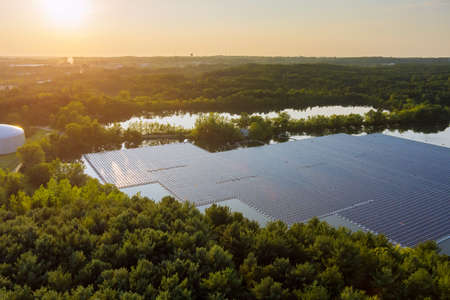 Solar cell platform on the lake in renewable alternative electricity aerial view of floating solar...
