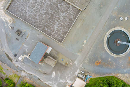 Aerial view of a wastewater purification installation of industrial sewage treatment plantの写真素材
