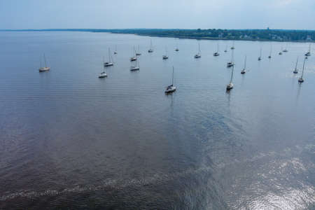 Aerial view of many yachts boats in the harbor summer in Americaの写真素材