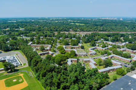 Aerial view of homes, a residential district near river in East Brunswick New Jersey USAの写真素材