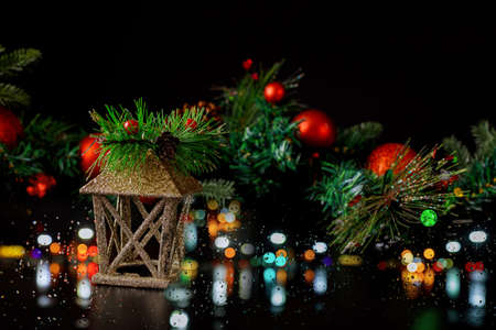 Closeup of Christmas tree with snowflake Christmas and New Year holiday background