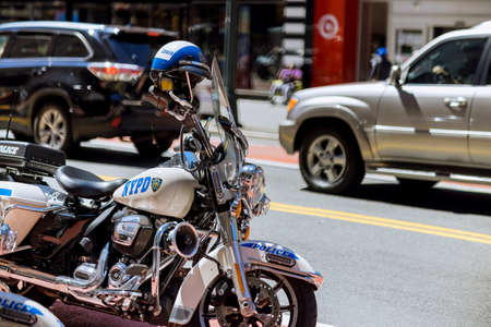 18 June 2021 New York, USA: NYPD motorcycles parked in the streets with police New York Cityのeditorial素材