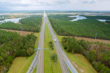 Panorama aerial view traffic line I-10 Interstate expressway near Diamondhead Mississippi USの写真素材
