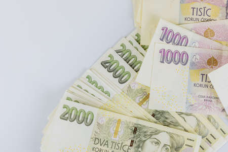 Czech koruna banknotes nominal value thousand and two thousand currencyの写真素材