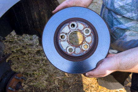 Wheel hub brake disc assembly and service in mechanic repair service and new brakes