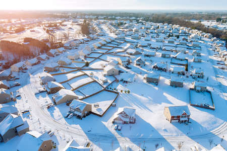 Amazing aerial view with Boiling Springs small town hometown the a after snowfall severe winter weather conditions in South Carolina USの写真素材