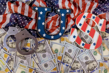 American financial arrest of property economic US sanctions regulation with USA flag US dollars...