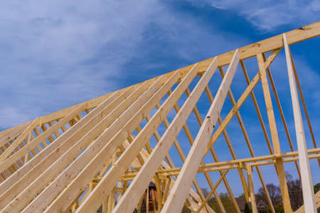 Wooden roof trusses detailing of the exterior view a timber frame home
