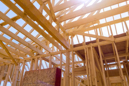 Being built with wooden framing under framing beams stick of under construction site