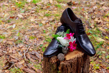 Wedding details. Groom accessories. Shoes, rings belt and bowtieの写真素材