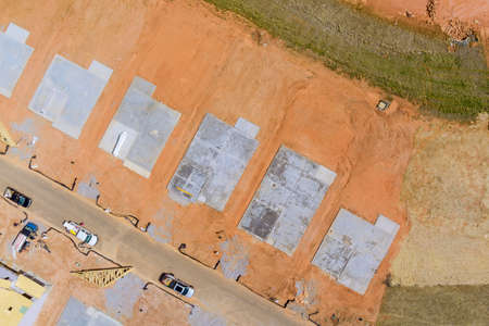 Foundation of house under construction site in preparation process with aerial top viewの写真素材