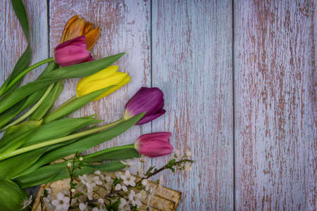 Blessings Pesach Jewish traditional holiday on Passover celebration of flowers and matzah bread the...