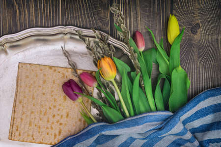 Passover tradition attributes symbols with Jewish holiday Matzo unleavened bread for Pesachの写真素材