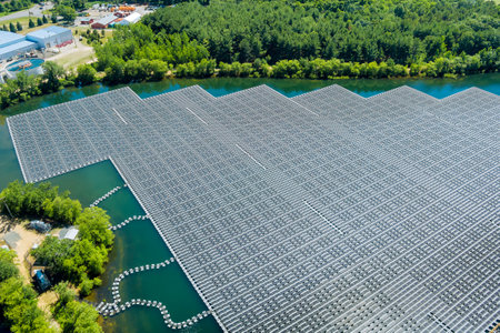 Aerial view of floating solar panels on the water in pond