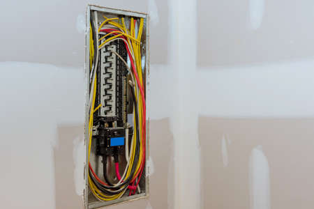Construction site with switchboard voltage with circuit breakers electrical for new home