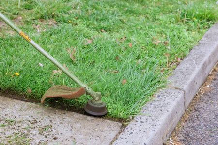 Worker cuts the grass with a string trimmer on gasoline of side pavement