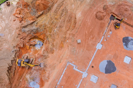 A pit is dug by the excavator when installing underground storm sewer pipes so that sewer connection can be completedの写真素材