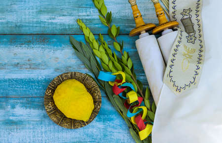 Some of Jewish holiday symbols in decorative elements used the celebration Sukkot: etrog, lulav, hadas, and aravaの写真素材