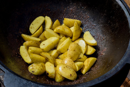 Potatoes frying in kazan cauldron on nature fireの写真素材