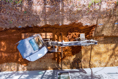 An earthmoving worker digging ground at construction site with crawler excavator bucket used for...