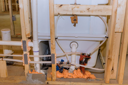 Under construction with new acrylic bathtub installed in new house of unfinished plumbing bathroomの写真素材