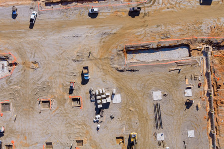Preparing for pouring of concrete foundations construction new building as part construction process