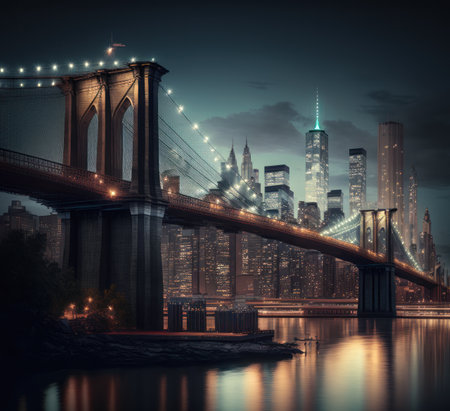 Beautiful Brooklyn Bridge from New York City Manhattan midtown with lights seen at evening U.S. AI Generative.の写真素材