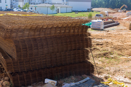 During construction process steel rod bars are used reinforcing concrete iron to create base...
