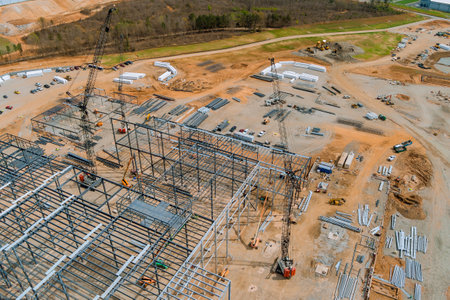 Cranes that are used to construct metal steel framing beams of steel for construction an industrial...