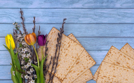 Unleavened matzah bread is kosher for Pesach Day when Jews observe Jewish holiday of Passoverの写真素材