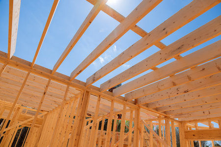 Wooden framework was carried during construction house, consisting of beams joists trussesの写真素材