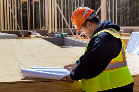 During construction process architectural engineer checks quality of work being completed on site by using construction blueprint projectの写真素材