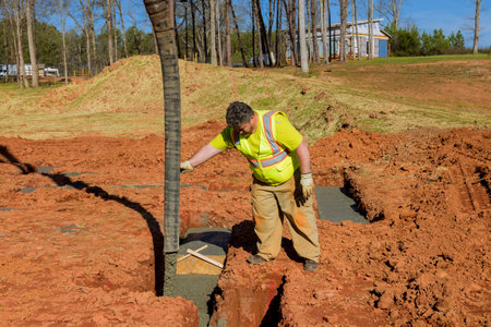 Worker pouring laying cement concrete with directing automatic pump for building foundation