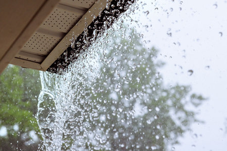During downpour, water escapes from over gutters.の写真素材